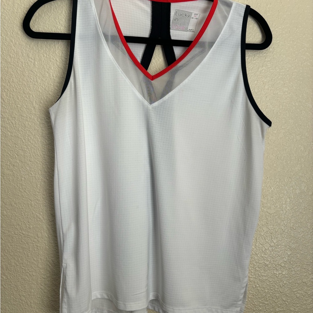 Lucky in Love White Tank Top with Black & Red Trim